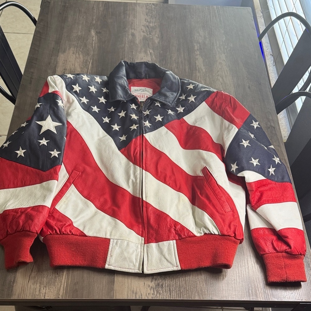 Vtg 90s Michael Hoban WHEREMI Leather Jacket American Flag Men's Size M